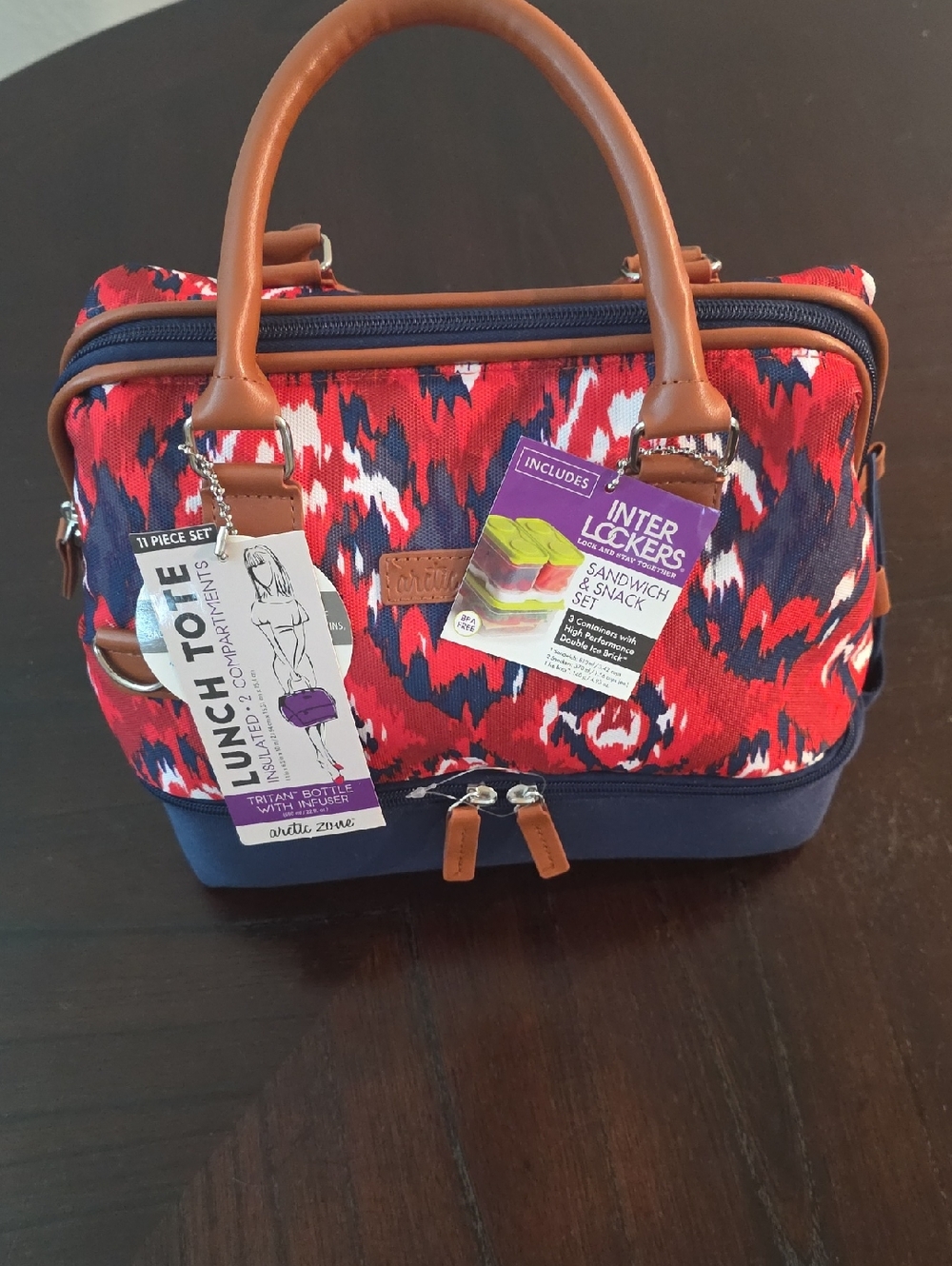 NWT! Insulated Red & Navy Patterned Lunch Tote Bag with Tan Trim and Containers